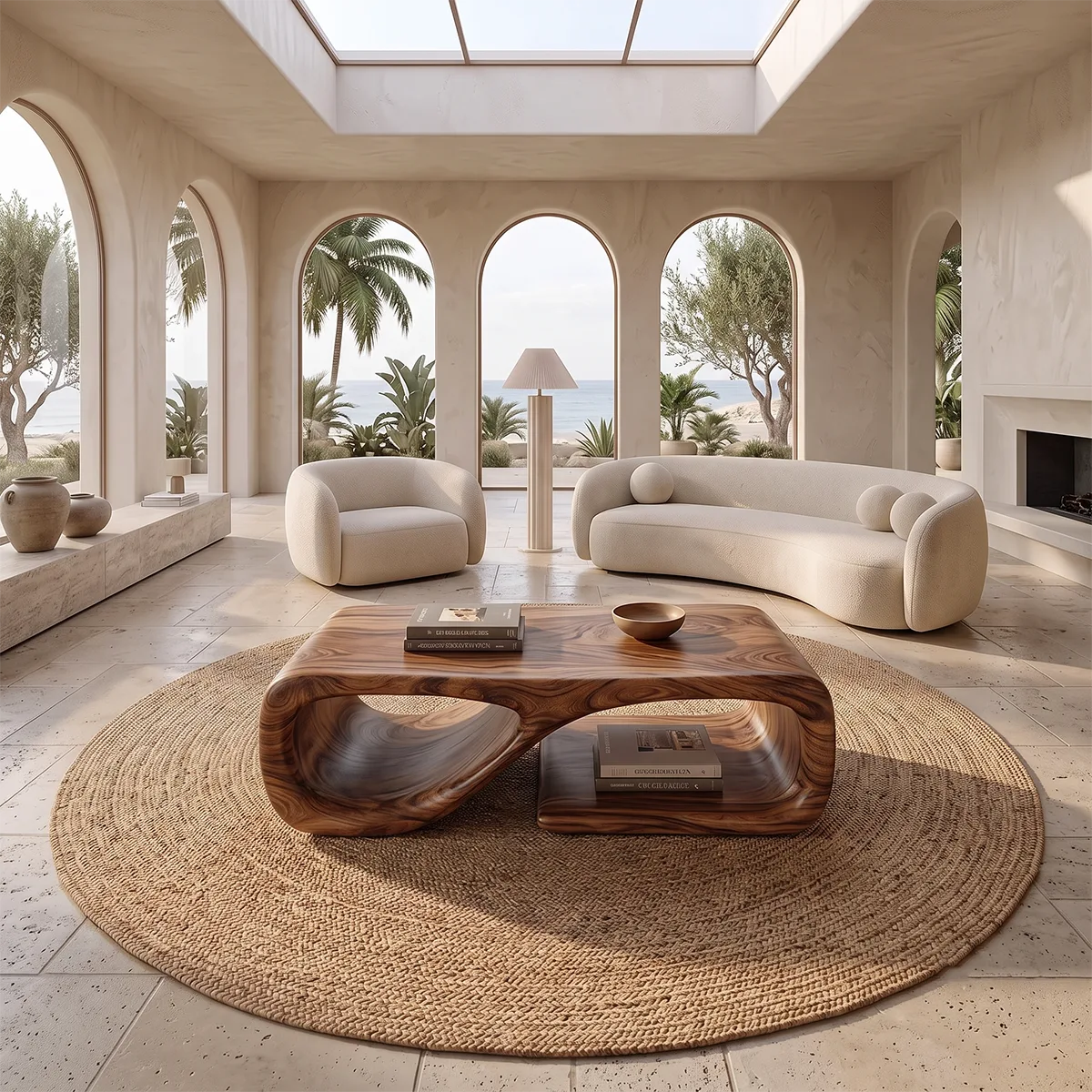 Sculptural Rectangular Coffee Table with Open Shelf | Organic Modern Rounded Center Table