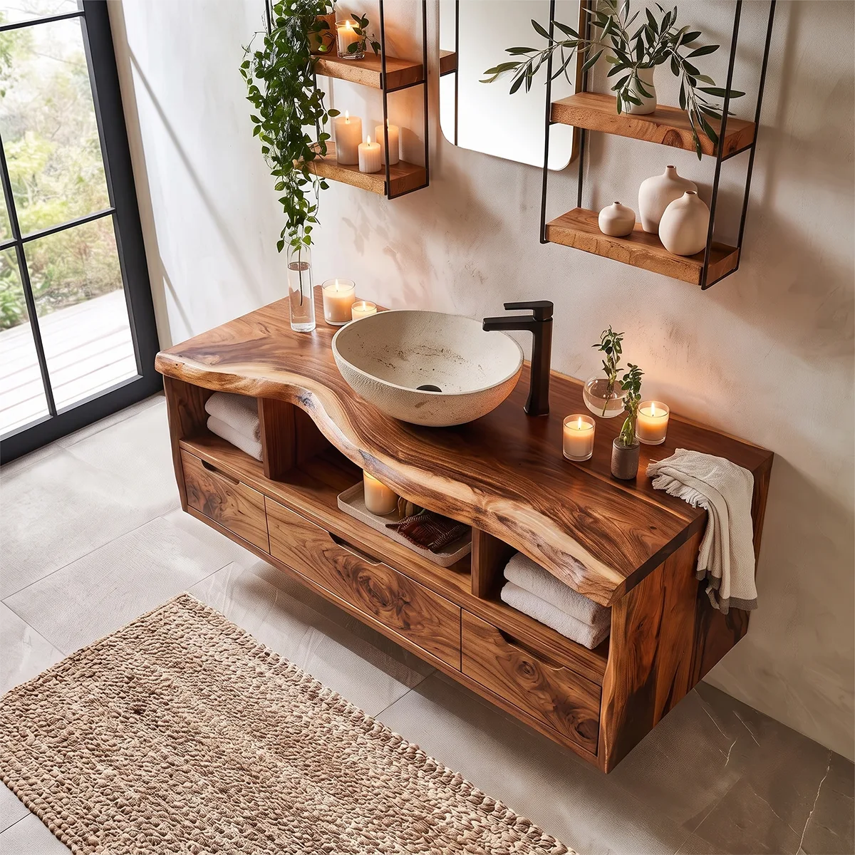 Live Edge Floating Bathroom Vanity with 3 Drawers & Open Storage Shelves | Modern Wall Mounted Vanity