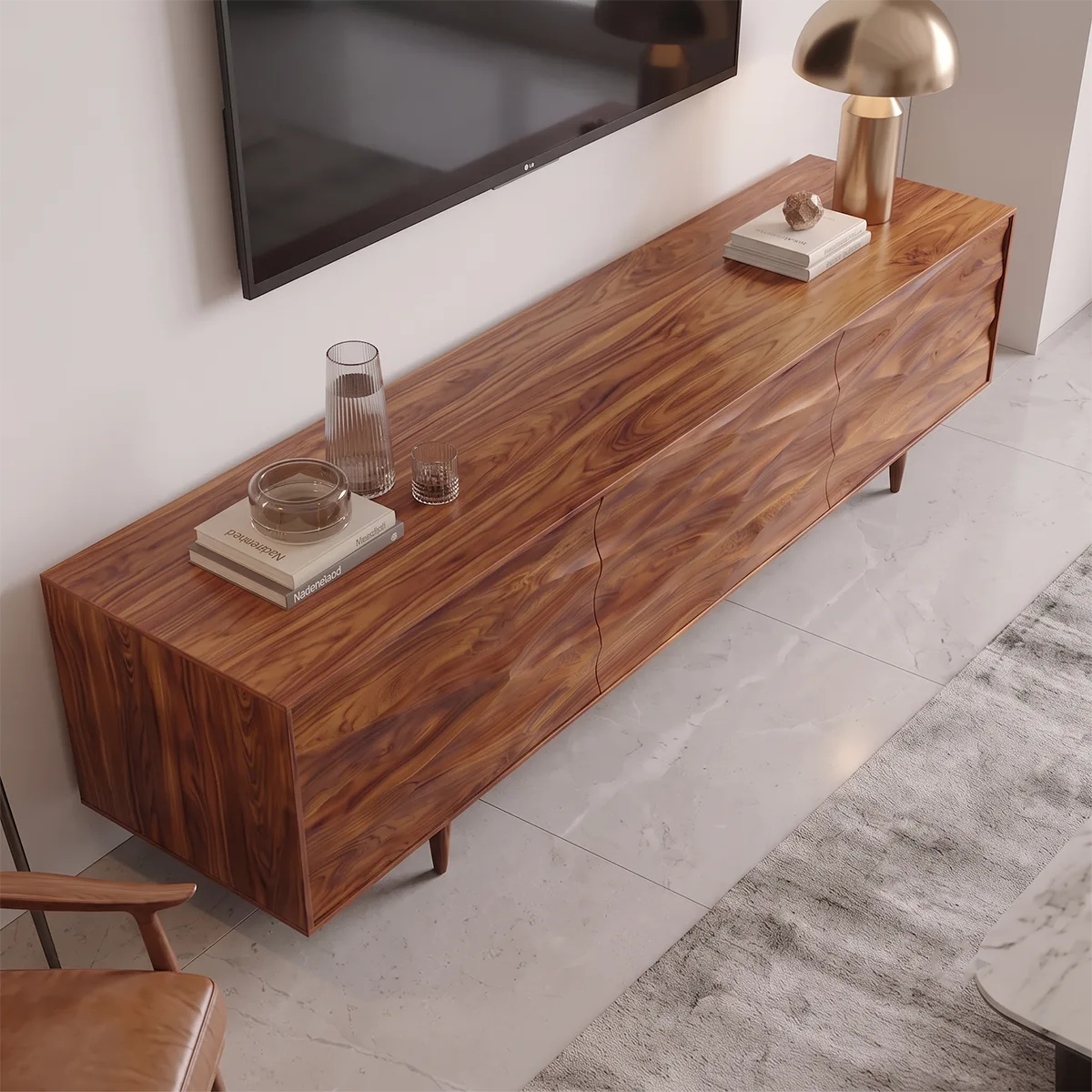 Sculptural Wave 3-Door TV Stand | Modern Carved Media Console