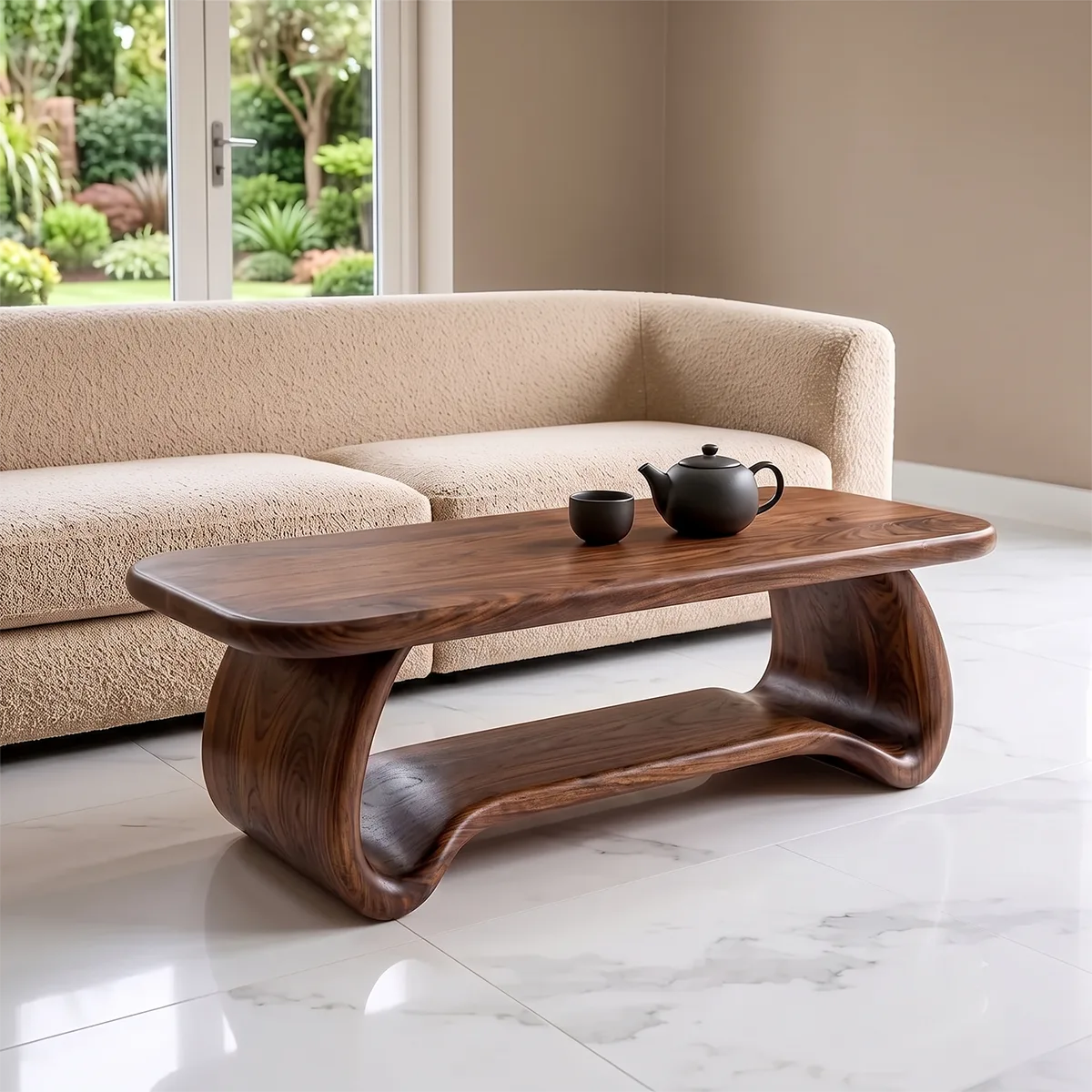 Modern Waterfall Coffee Table | Curved Open Shelf Center Table with Sculptural Base TH003-2431