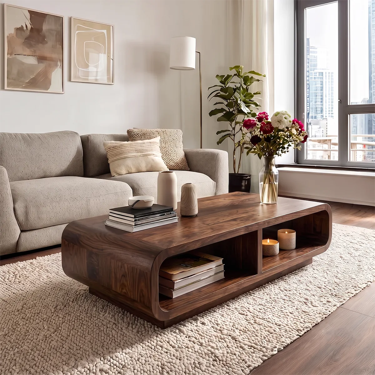 Modern Rectangular Coffee Table with Open Shelf | Rounded Edge Living Room Center Table