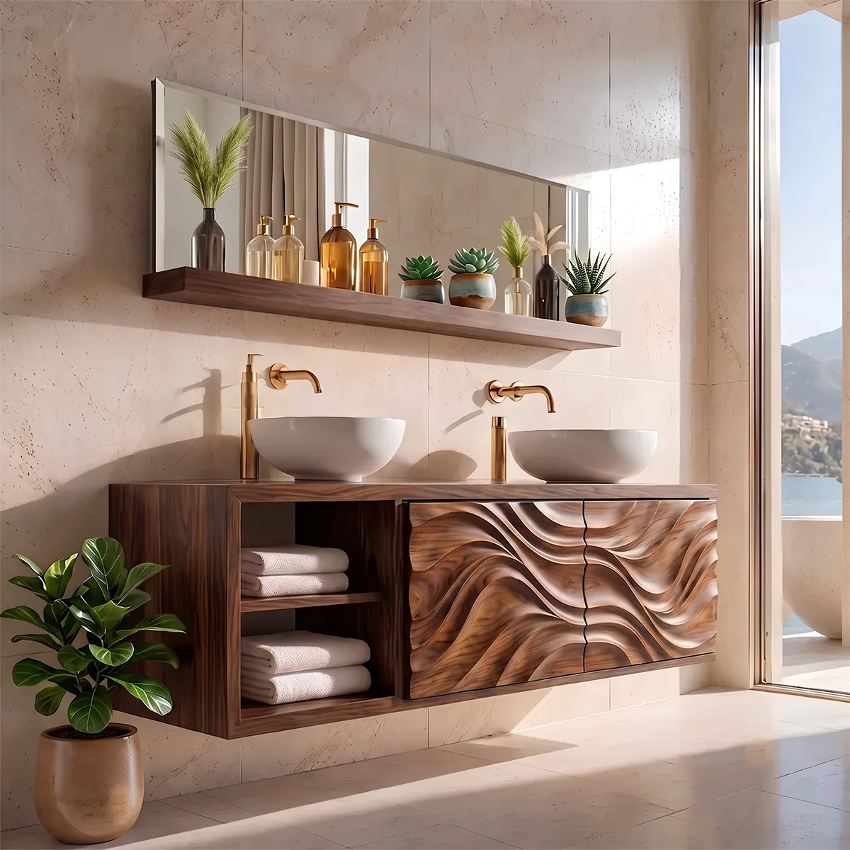Double Sink Floating Bathroom Vanity with 2 Sculpted Doors | Modern Wall Mounted Vanity TH003-3PGW8ZW