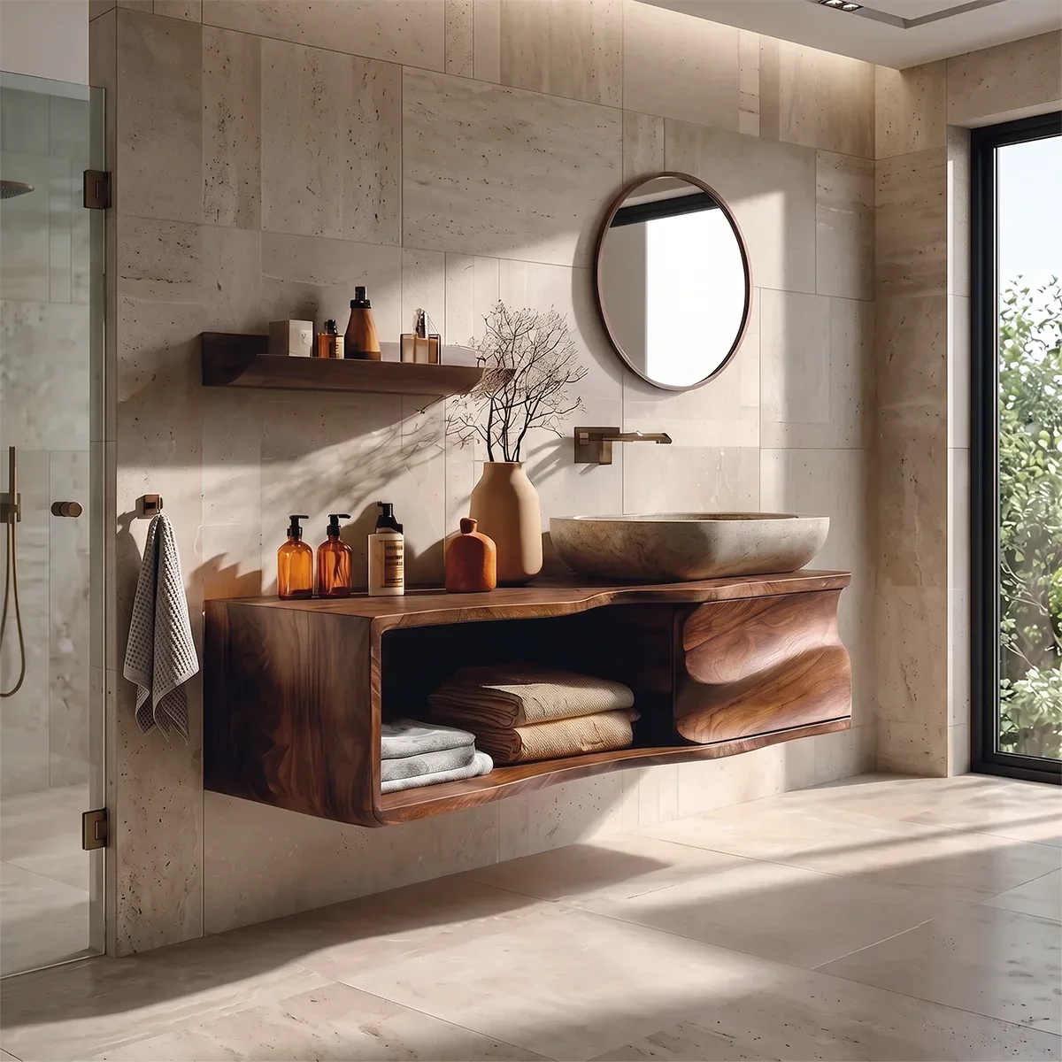 Floating Bathroom Vanity with Sculpted Cabinet & Open Shelf | Modern Wall Mounted Vanity