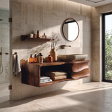 Floating Bathroom Vanity with Sculpted Cabinet & Open Shelf | Modern Wall Mounted Vanity