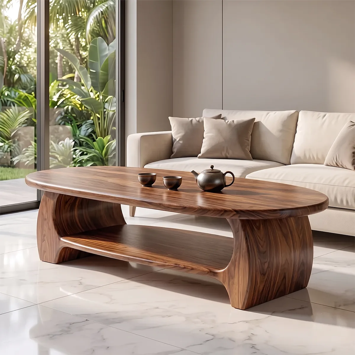 Modern Oval Coffee Table with Open Shelf | Sculptural Wood Center Table for Contemporary Living Room TH003-2398