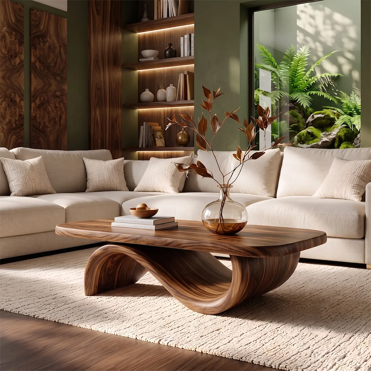 Sculptural Curved Coffee Table with Wave Base | Organic Modern Living Room Center Table