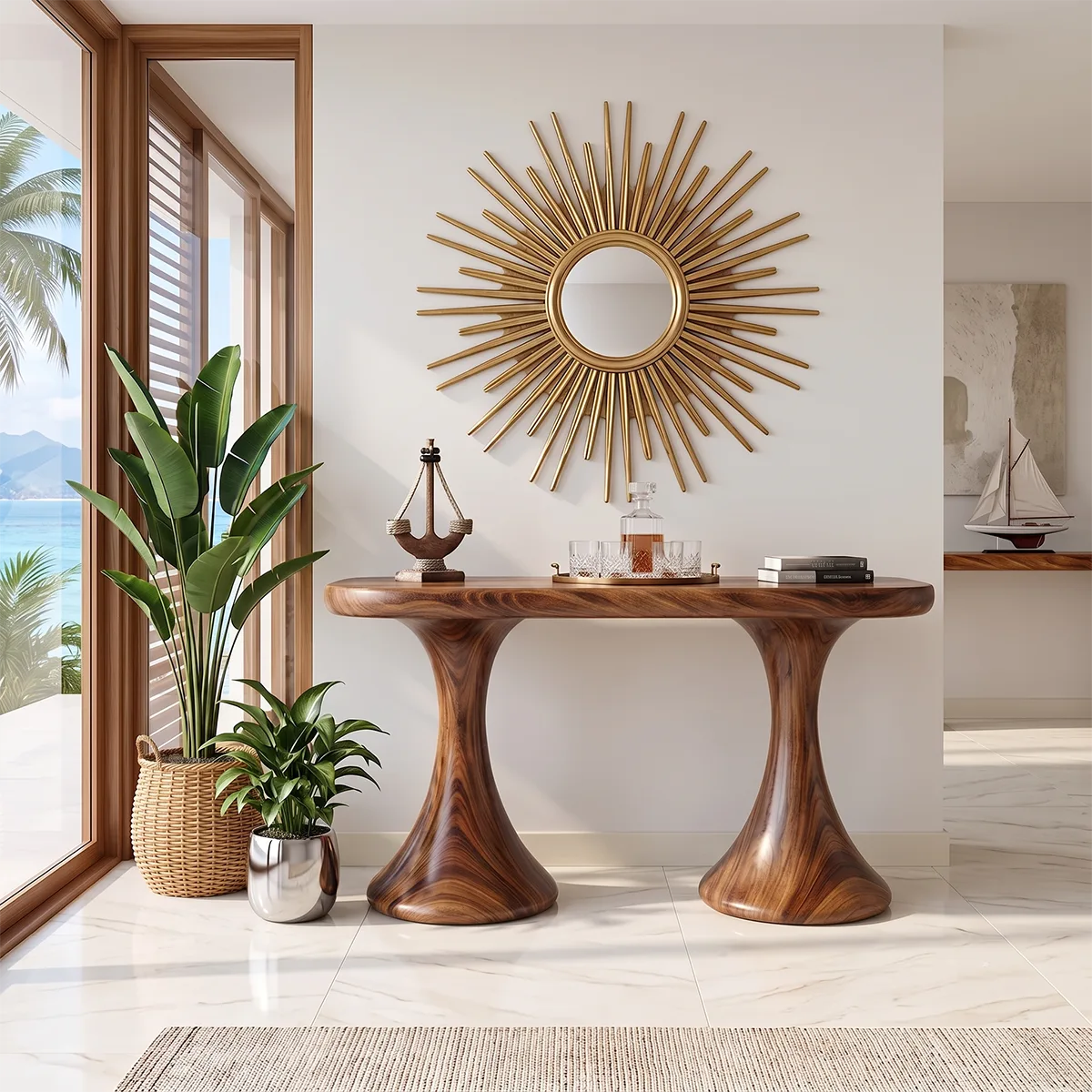 Modern Pedestal Console Table | Sculptural Entryway Console Table with Dual Curved Base TH003-6622