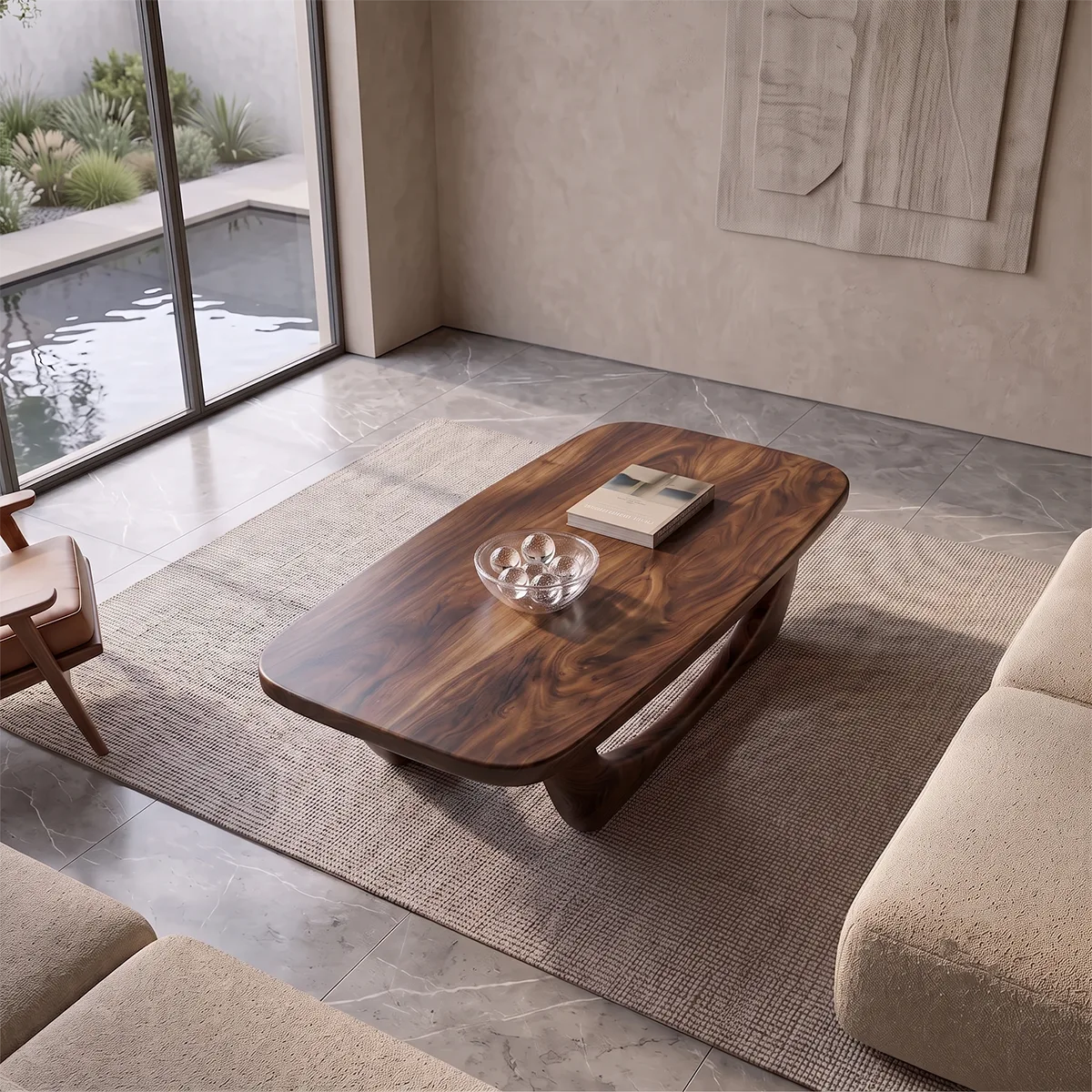 Sculptural Coffee Table with Curved Base | Organic Modern Rounded Rectangle Center Table