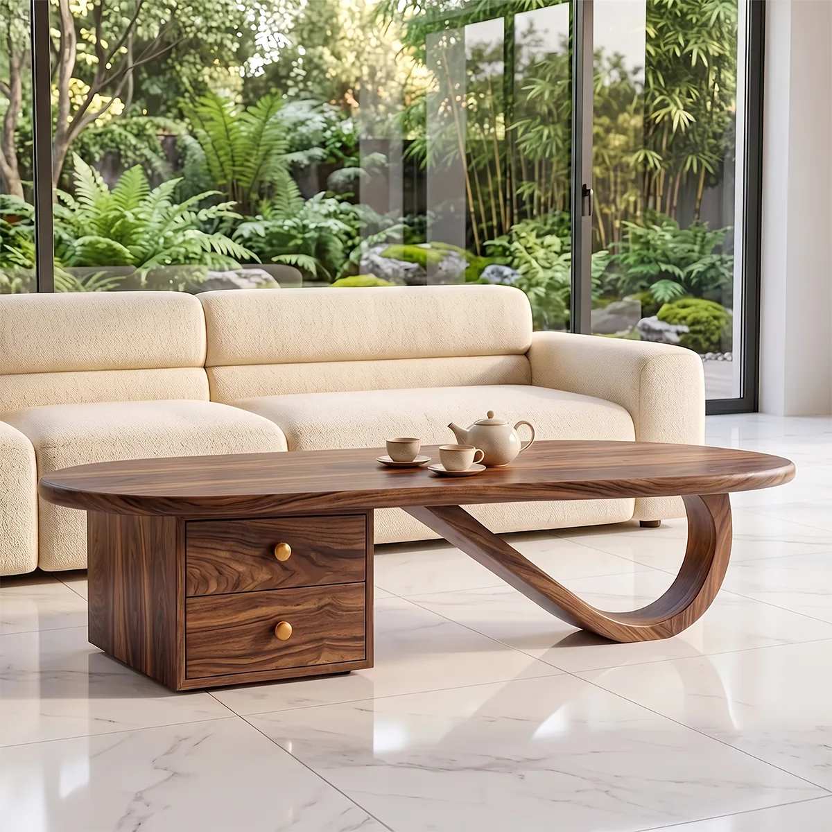 Modern Oval Coffee Table with Storage Drawers | Sculptural Contemporary Center Table for Living Room TH003-5102