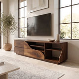 Asymmetrical TV Stand with Drawers & Open Shelves | Sculptural Media Console TH003-7SZG2XE