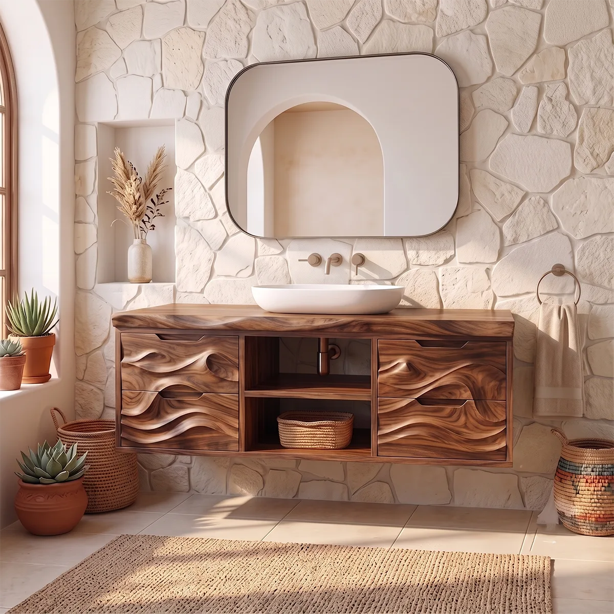 Organic Floating Bathroom Vanity with Cabinets, Open Shelves & Sculpted Wave Front TH003-7IJS3HC