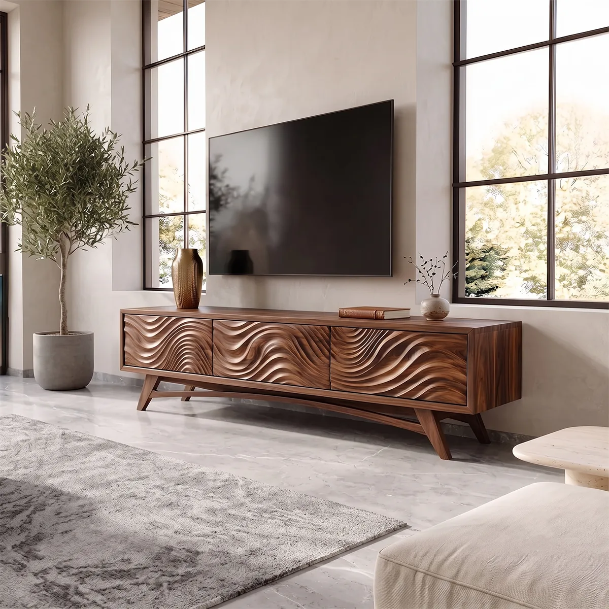 Carved Wave TV Stand with 3 Cabinets | Sculptural Modern Media Console TH003-1PAI9SF