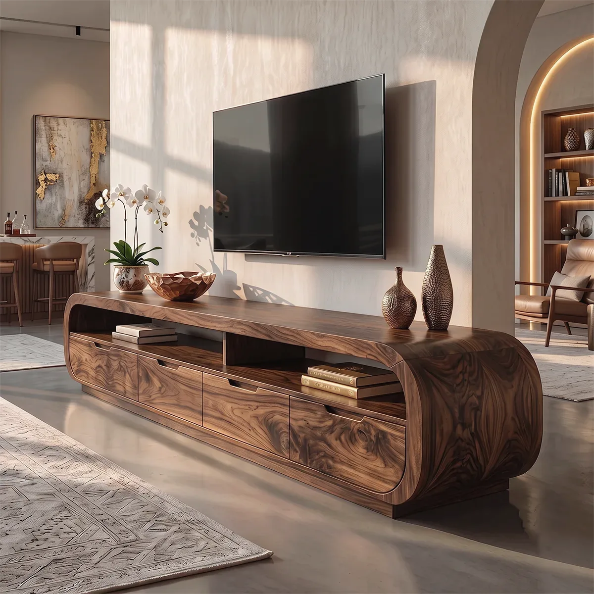 Rounded TV Stand with 4 Drawers & Open Shelves | Modern Media Console