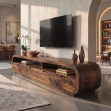 Rounded TV Stand with 4 Drawers & Open Shelves | Modern Media Console