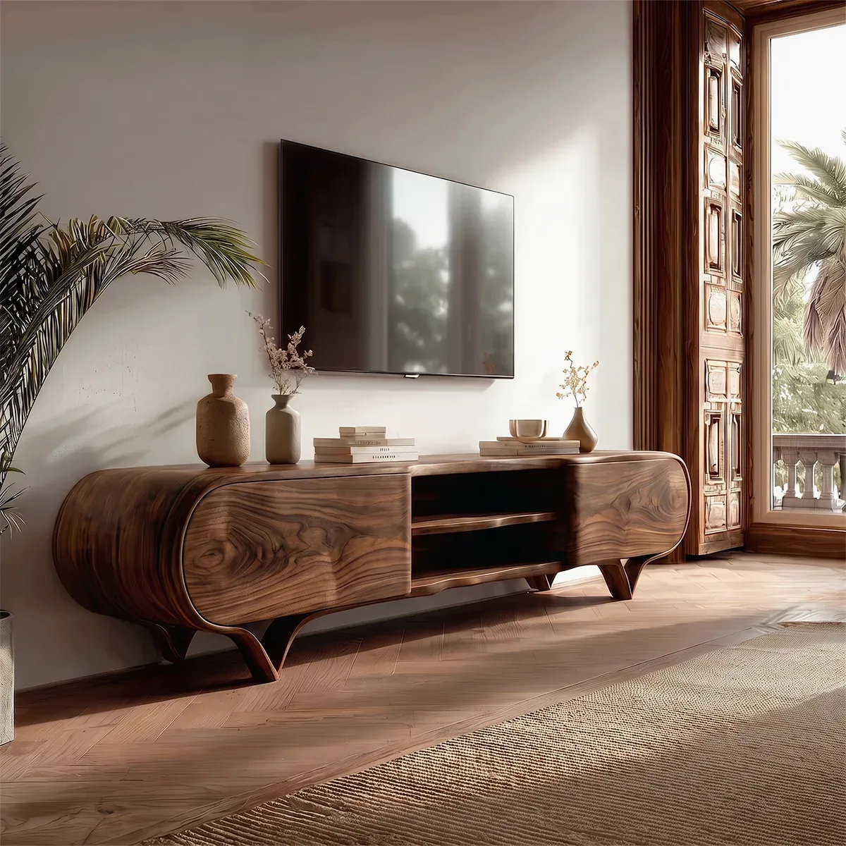 Curved 2-Door TV Stand with Open Shelves | Sculptural Modern Media Console