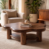 Organic Solid Wood Coffee Table with Storage Shelf | Rustic Modern Living Room Table TT006-5021