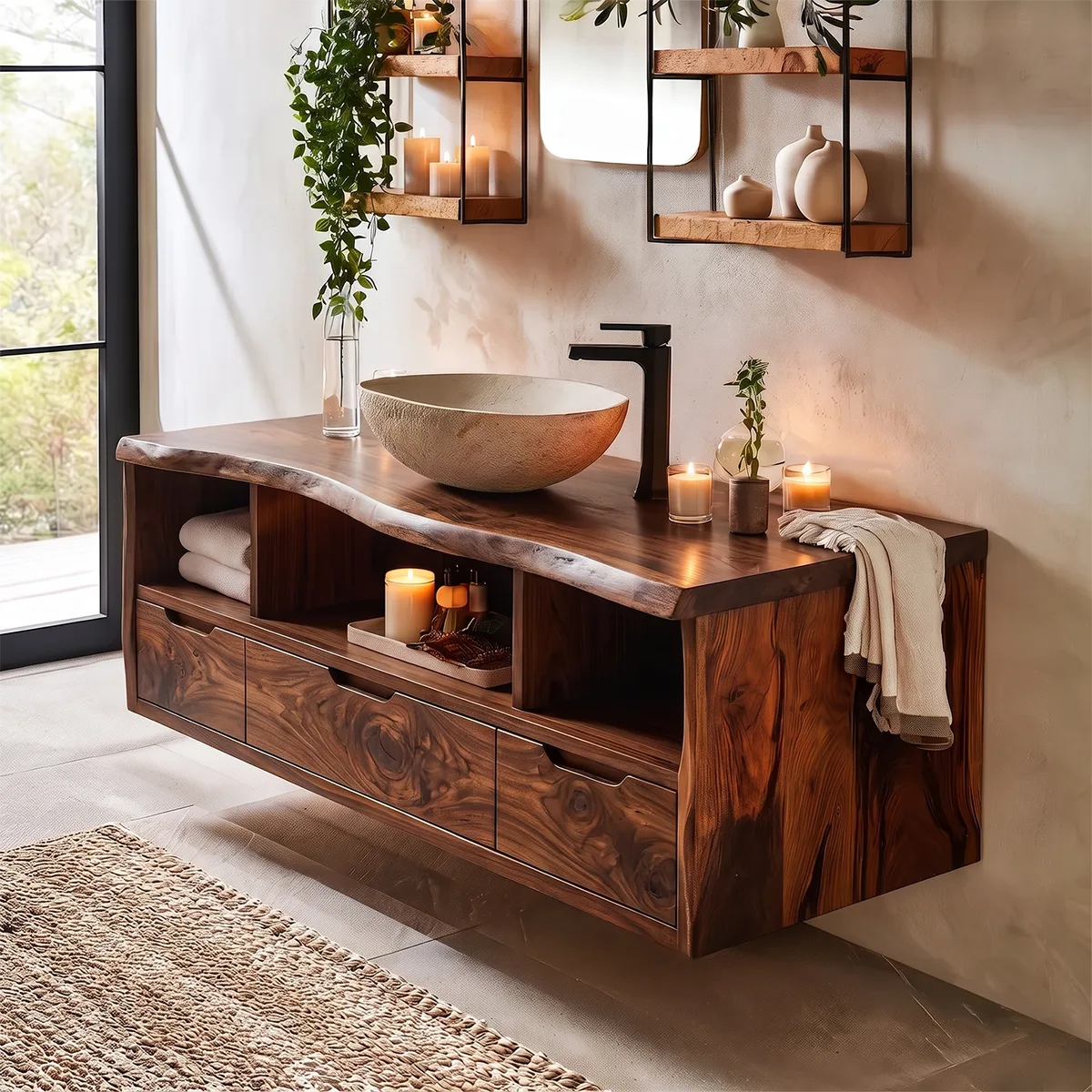 Live Edge Floating Bathroom Vanity with 3 Drawers & Open Storage Shelves | Modern Wall Mounted Vanity
