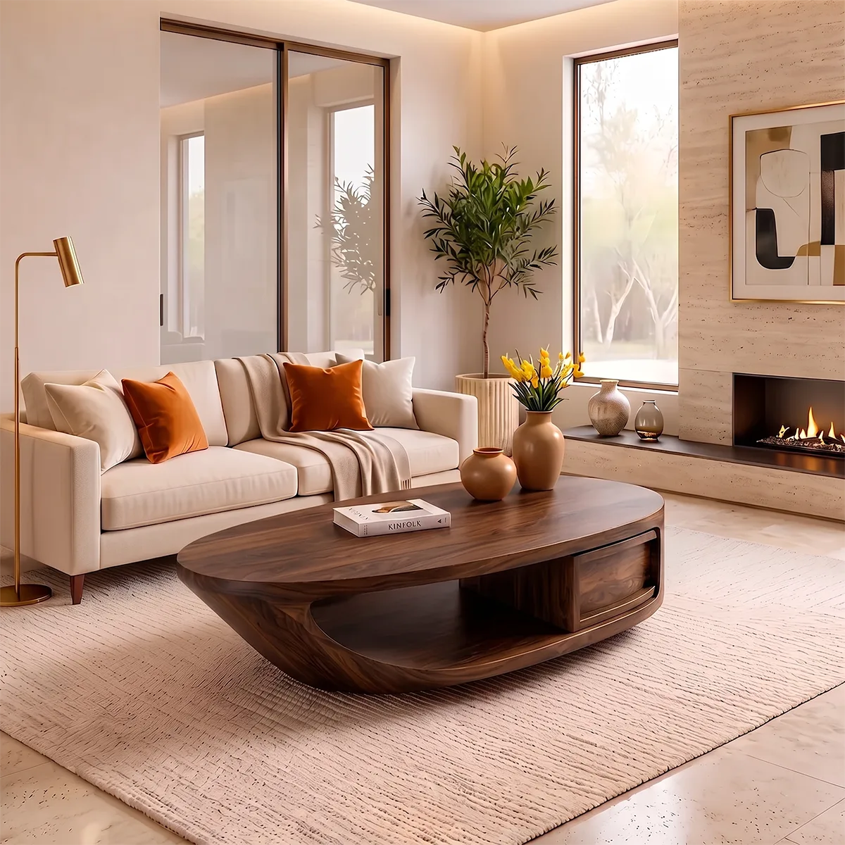 Modern Oval Coffee Table | Organic Sculptural Low Profile Living Room Center Table