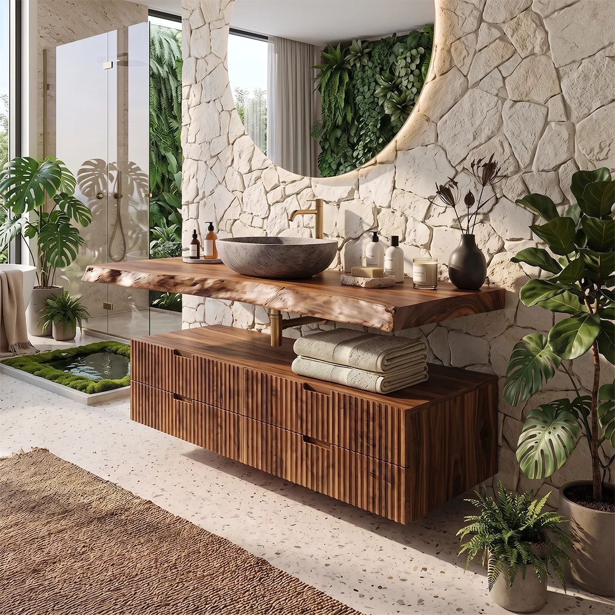 Floating Fluted Bathroom Vanity | Modern Live Edge Wood Vanity TH003-8BWH6MI