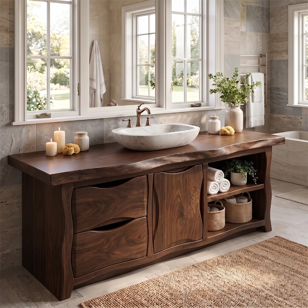 Live Edge Bathroom Vanity with Drawers, Cabinet & Open Shelves | Freestanding Rustic Modern Vanity