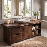 Live Edge Bathroom Vanity with Drawers, Cabinet & Open Shelves | Freestanding Rustic Modern Vanity