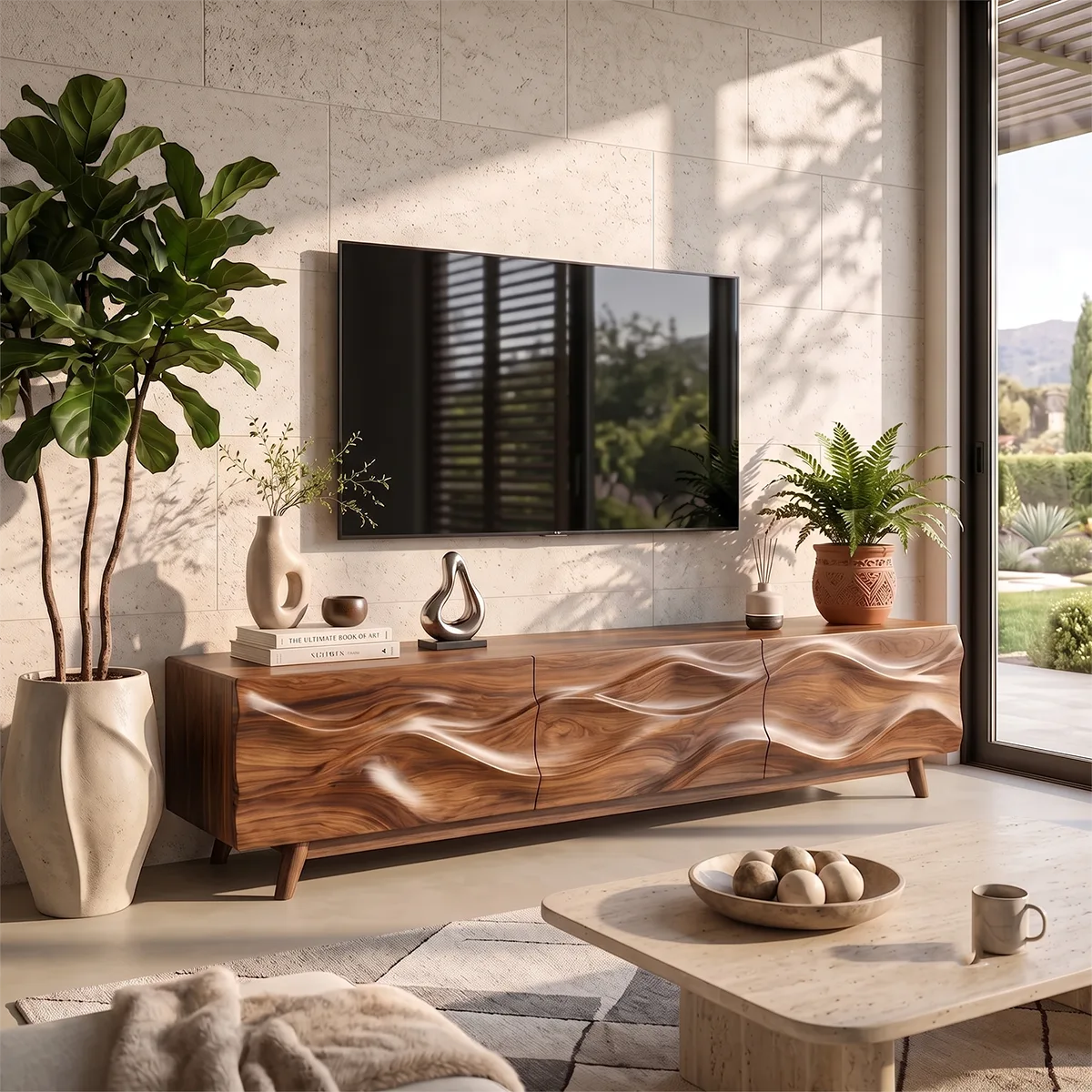 Wave Carved TV Stand with Cabinets & Drawer | Sculptural Media Console TH003-6OAB8FA