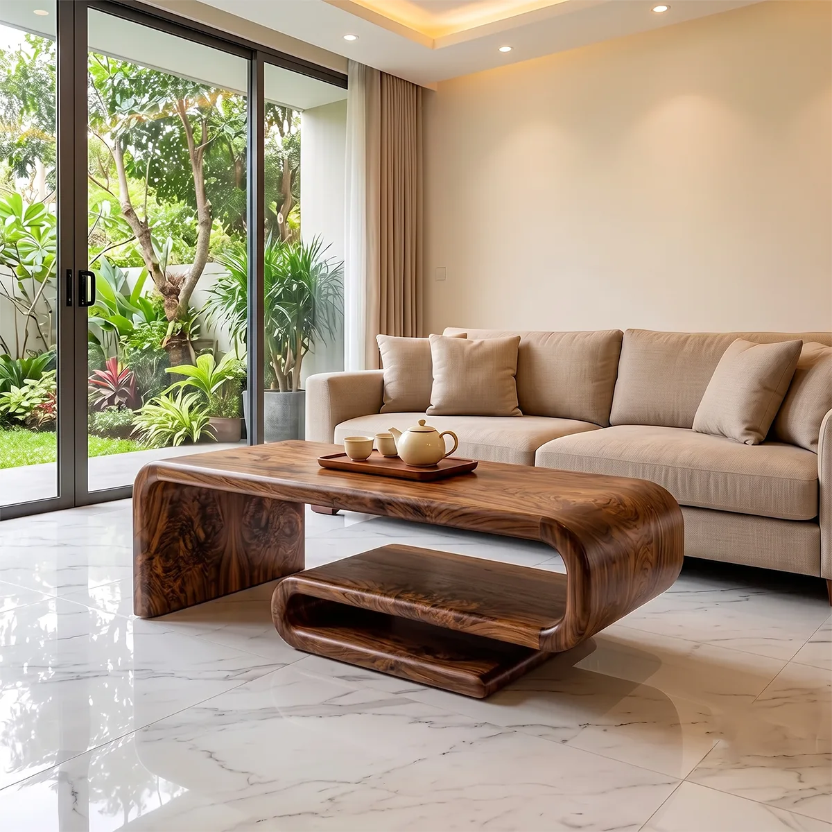 Modern Waterfall Coffee Table | Contemporary Center Table with Open Shelf Storage TH003-5383