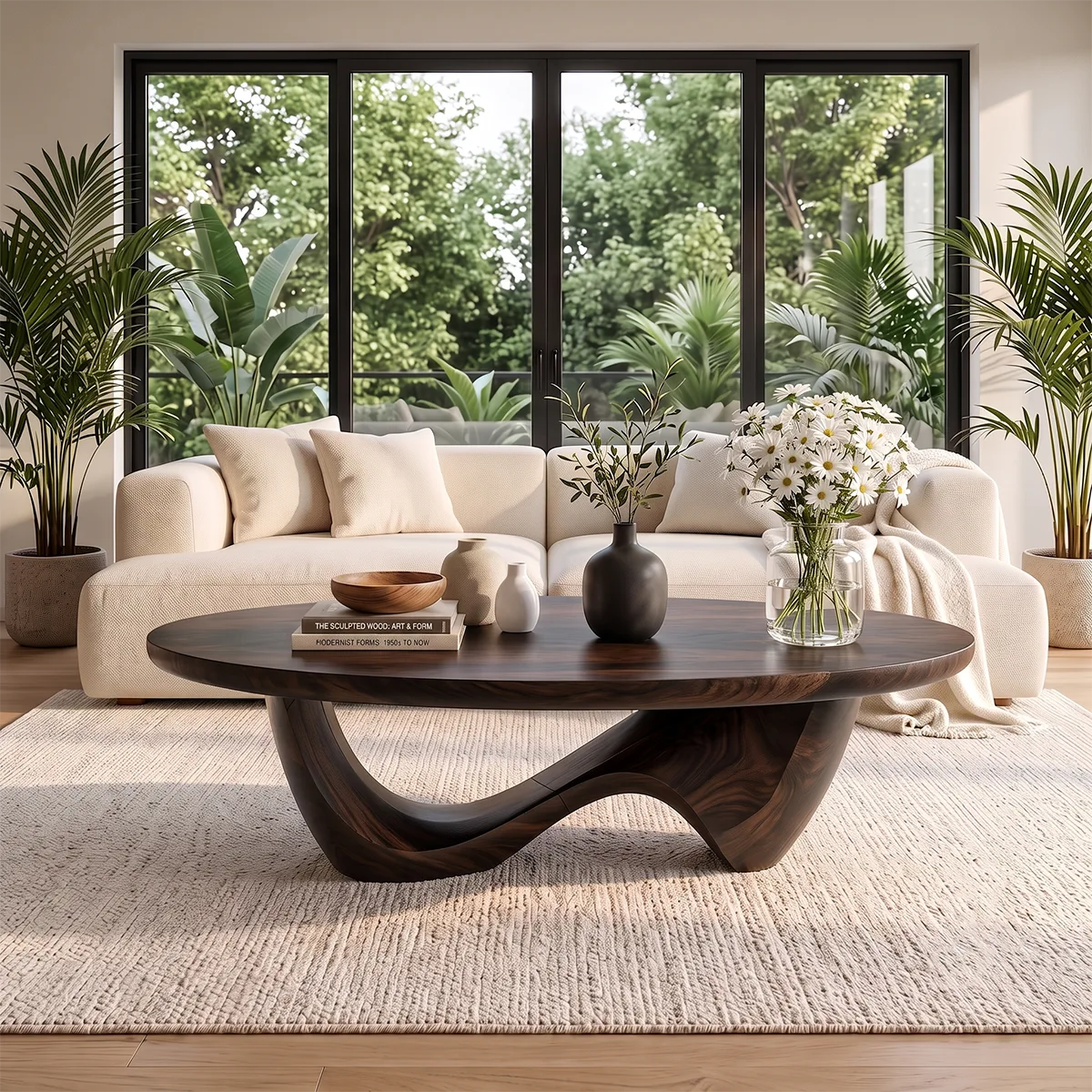 Sculptural Coffee Table with Curved Wave Base | Organic Oval Center Table