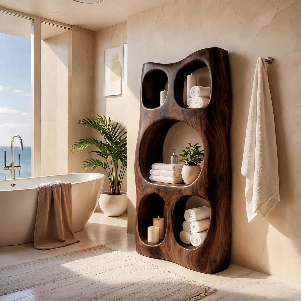 Tall Bathroom Storage Cabinet with Open Shelves | Sculptural Organic Modern Storage Tower