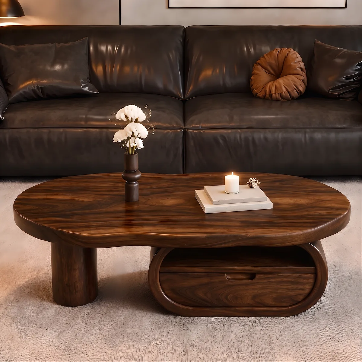 Organic Wood Coffee Table with Drawer and Open Shelf | Sculptural Oval Living Room Center Table