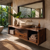 Floating Solid Wood Bathroom Vanity | Live Edge Bathroom Vanity with Double Drawers and Open Storage Shelves TT006-2IAU5HX