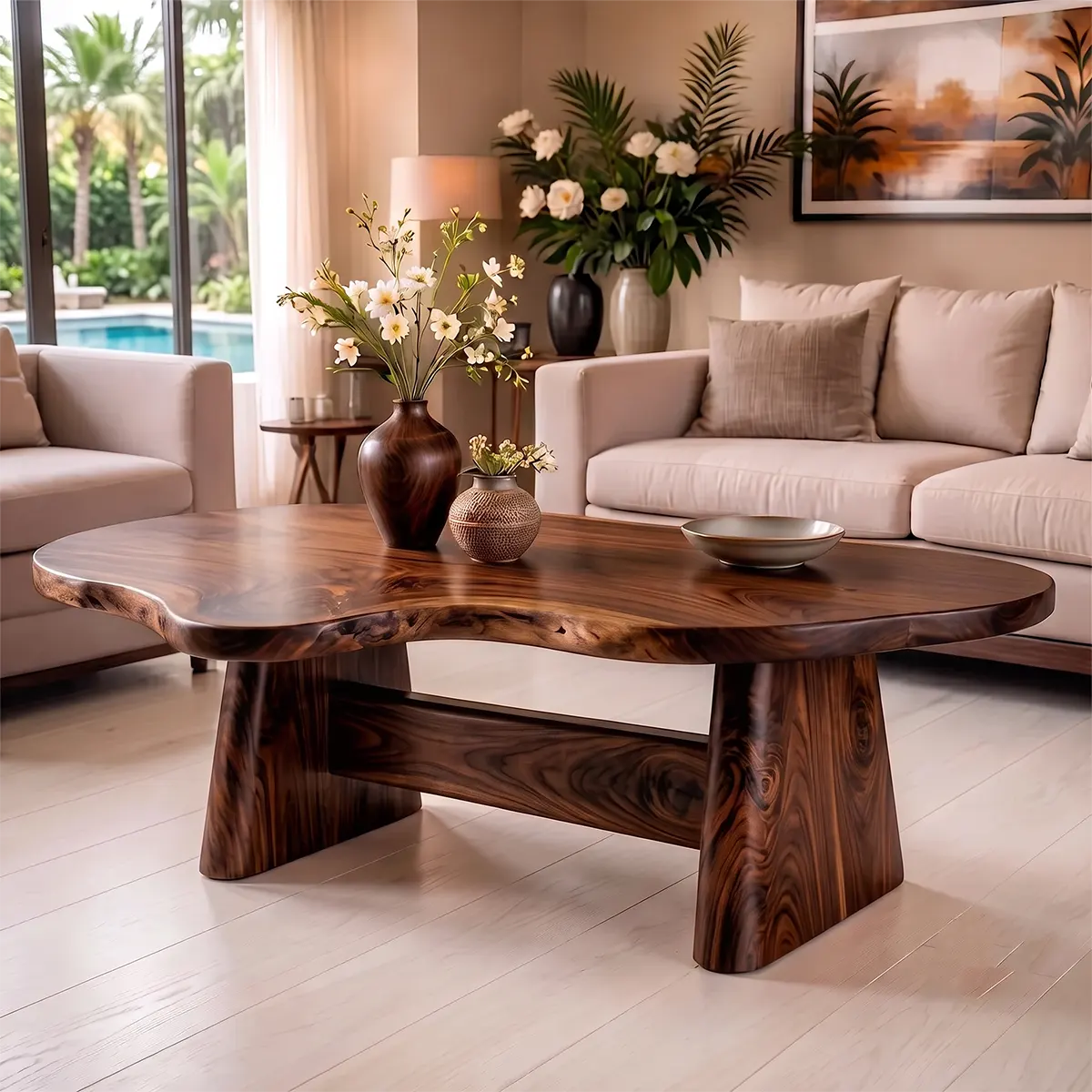 Organic Solid Wood Coffee Table | Live Edge Modern Center Table with Sculptural Base TT006-5632