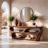 Modern Wooden Console Table with Open Shelves & Sculptural Organic Design TT006-5635