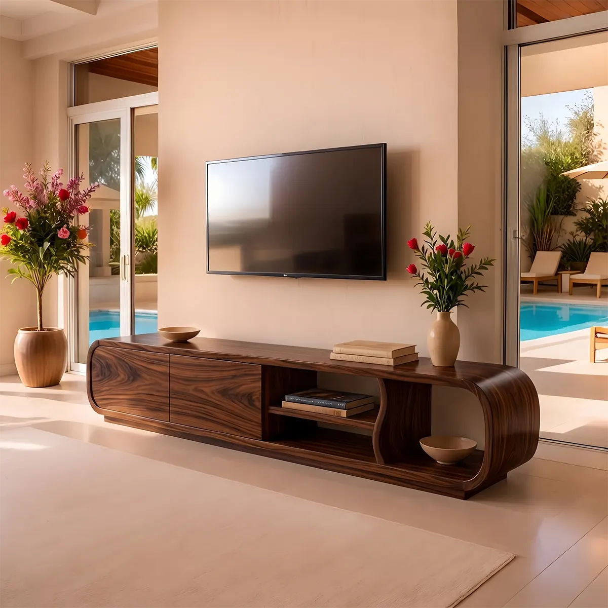 Modern Curved TV Stand with 2 Concealed Storage Compartments & Open Shelving | Sculptural Media Console