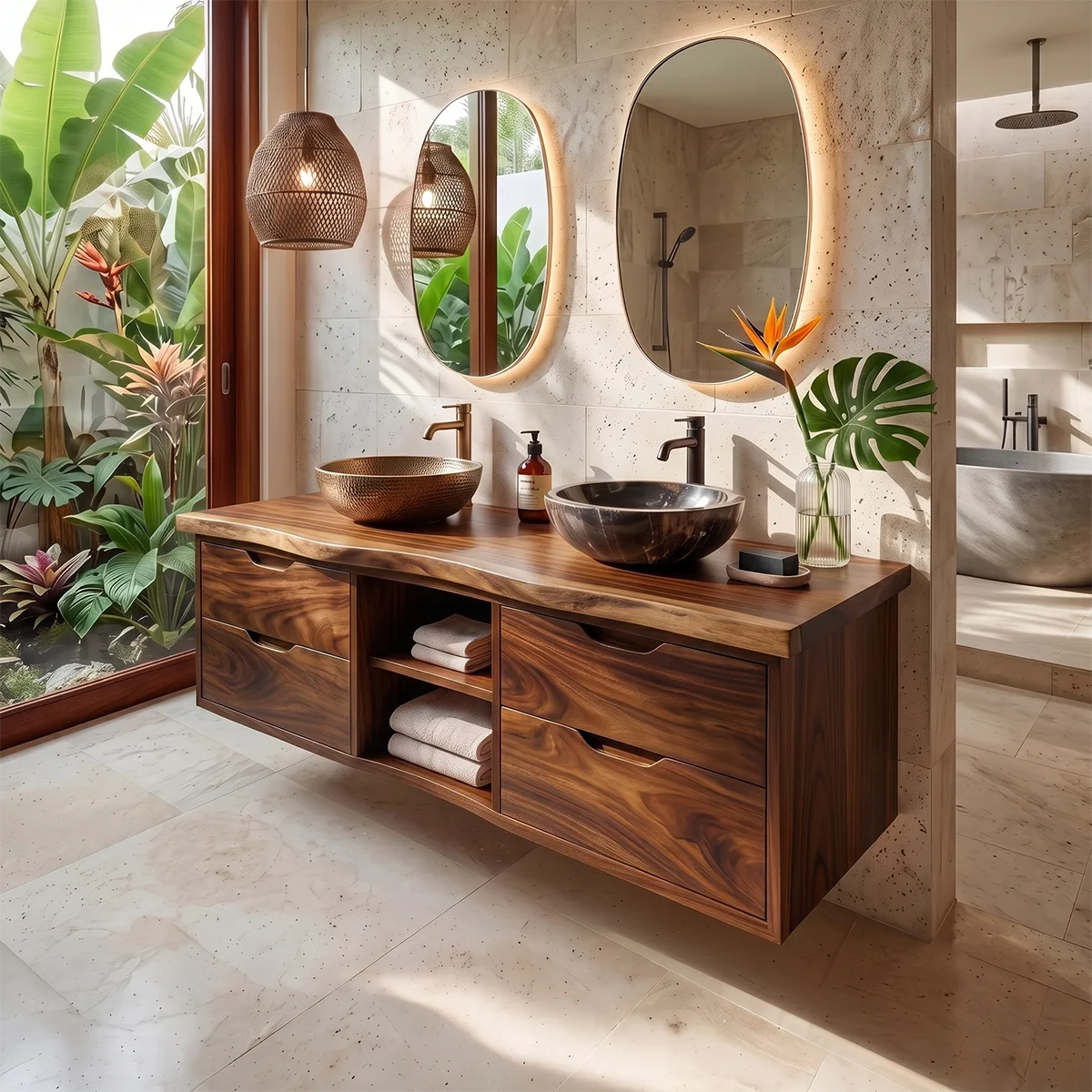 Double Sink Floating Solid Wood Bathroom Vanity | Modern Bathroom Vanity with Four Drawers and Open Shelves TT006-9FKJ3AR