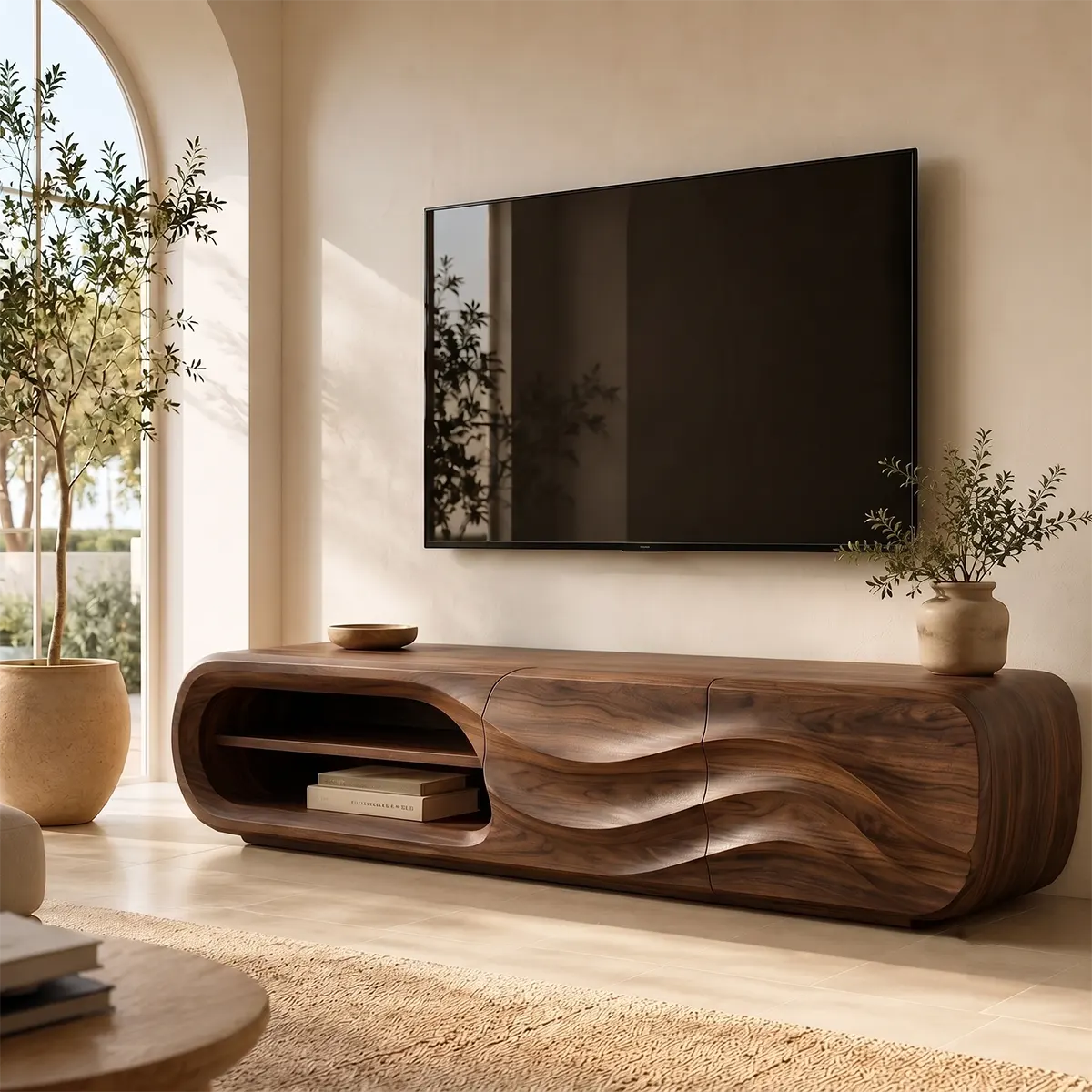 Modern Organic TV Stand with Open Shelving & Dual Sculpted Storage Cabinets TT006-6RWN8II