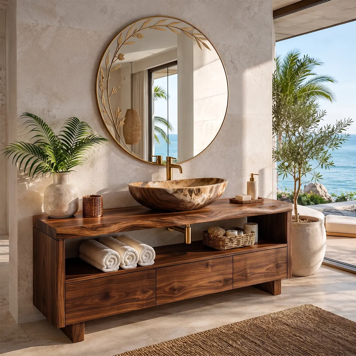 Freestanding Solid Wood Bathroom Vanity | Live Edge Bathroom Vanity with Open Shelf & Three Drawers TT006-7CUG6CN