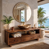 Freestanding Solid Wood Bathroom Vanity | Live Edge Bathroom Vanity with Open Shelf & Three Drawers TT006-7CUG6CN