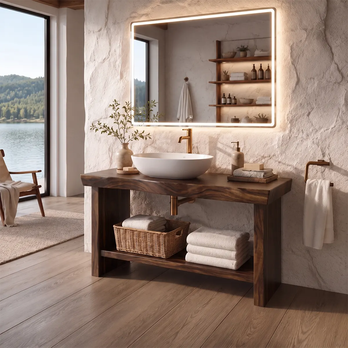 Freestanding Bathroom Vanity with Open Shelf | Organic Modern Bathroom Storage