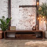 Modern Curved TV Stand with 2 Drawers & Open Storage | Low Profile Media Console
