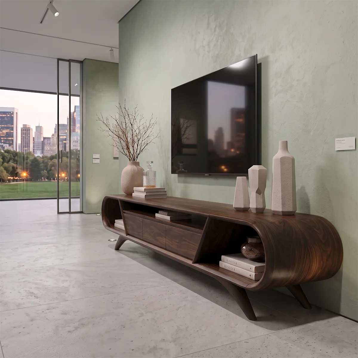 Modern Curved TV Stand with 3 Drawers & 3 Open Storage Areas | Sculptural Media Console