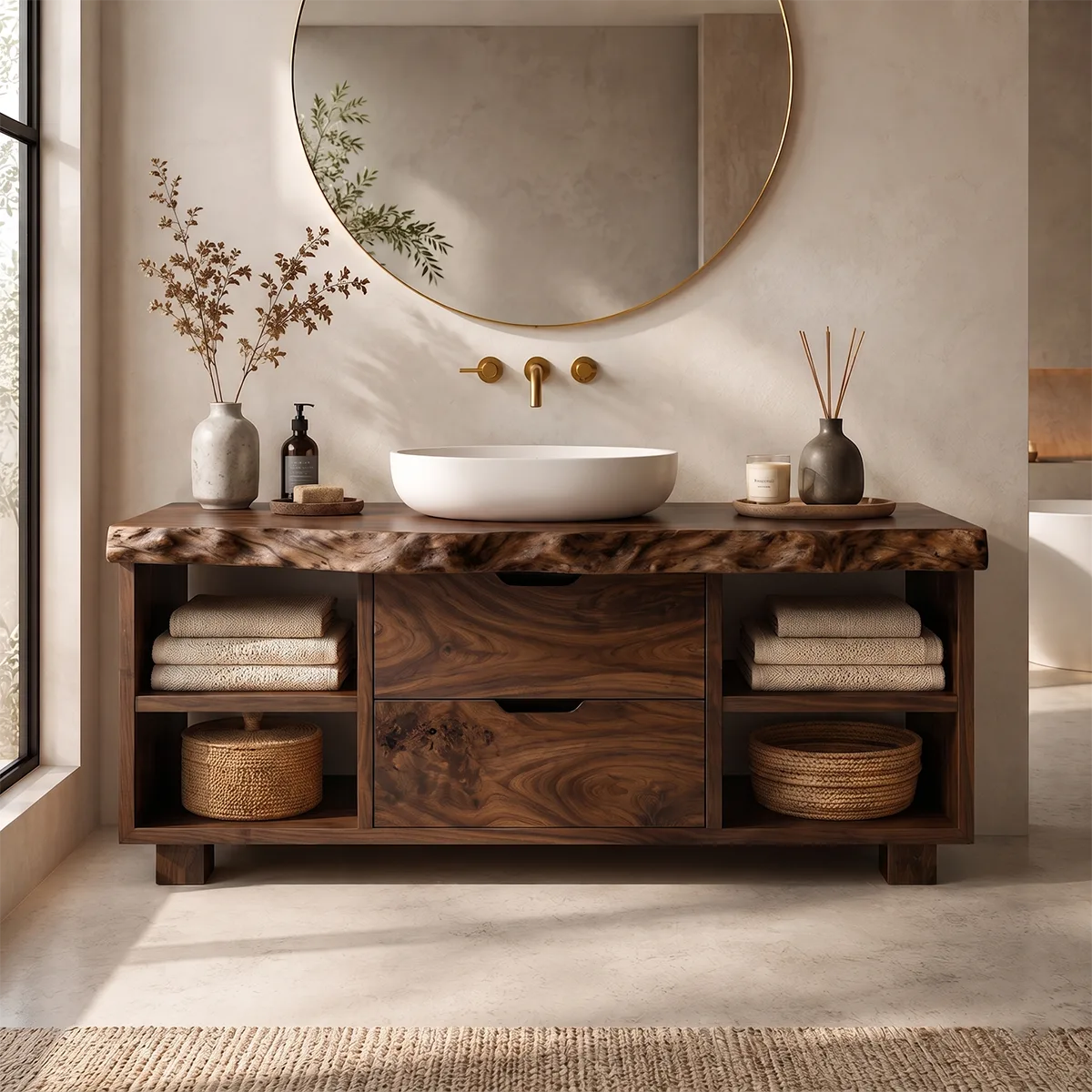 Freestanding Bathroom Vanity with Drawers & Open Shelves | Live Edge Wood Vanity Cabinet