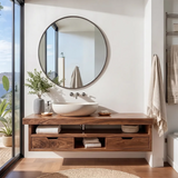Floating Solid Wood Bathroom Vanity | Modern Bathroom Vanity with Double Drawers and Open Shelf TT006-4876