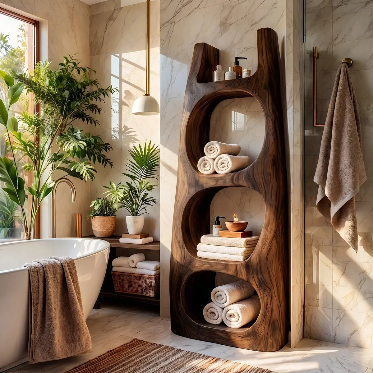 Tall Bathroom Storage Cabinet with Open Compartments & Top Shelf | Sculptural Organic Design
