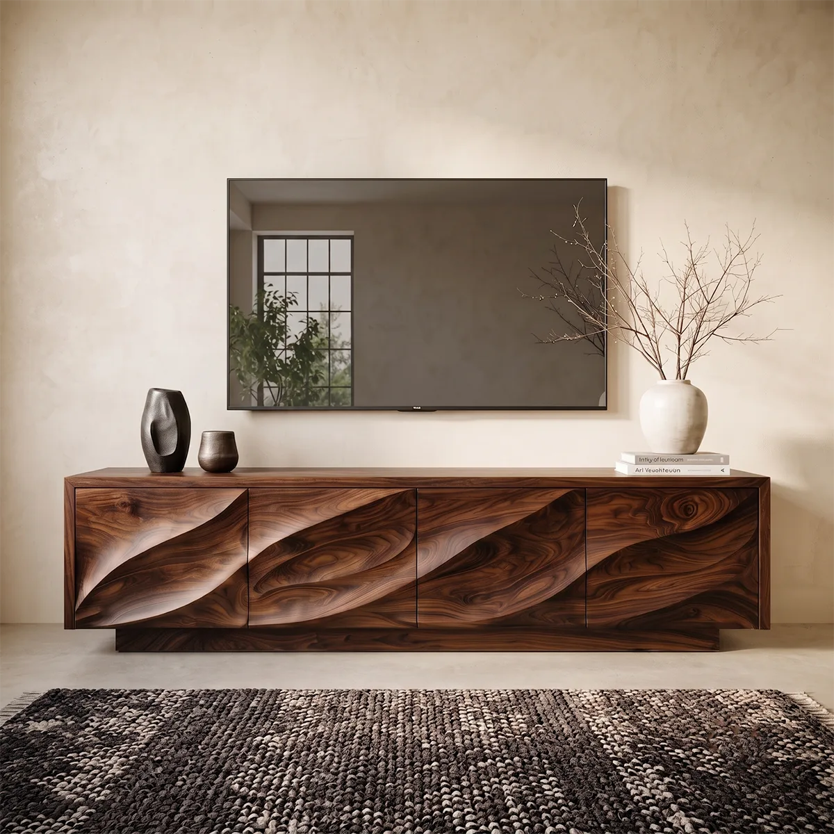 Modern Organic TV Stand with Sculpted Cabinets | Media Console TT006-9MXD1HU