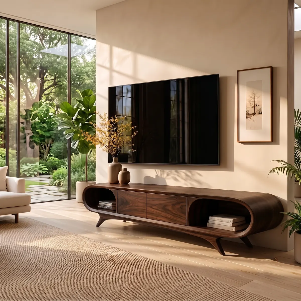 Sculptural Curved TV Stand with 2 Concealed Storage Compartments & Open Shelves | Modern Media Console
