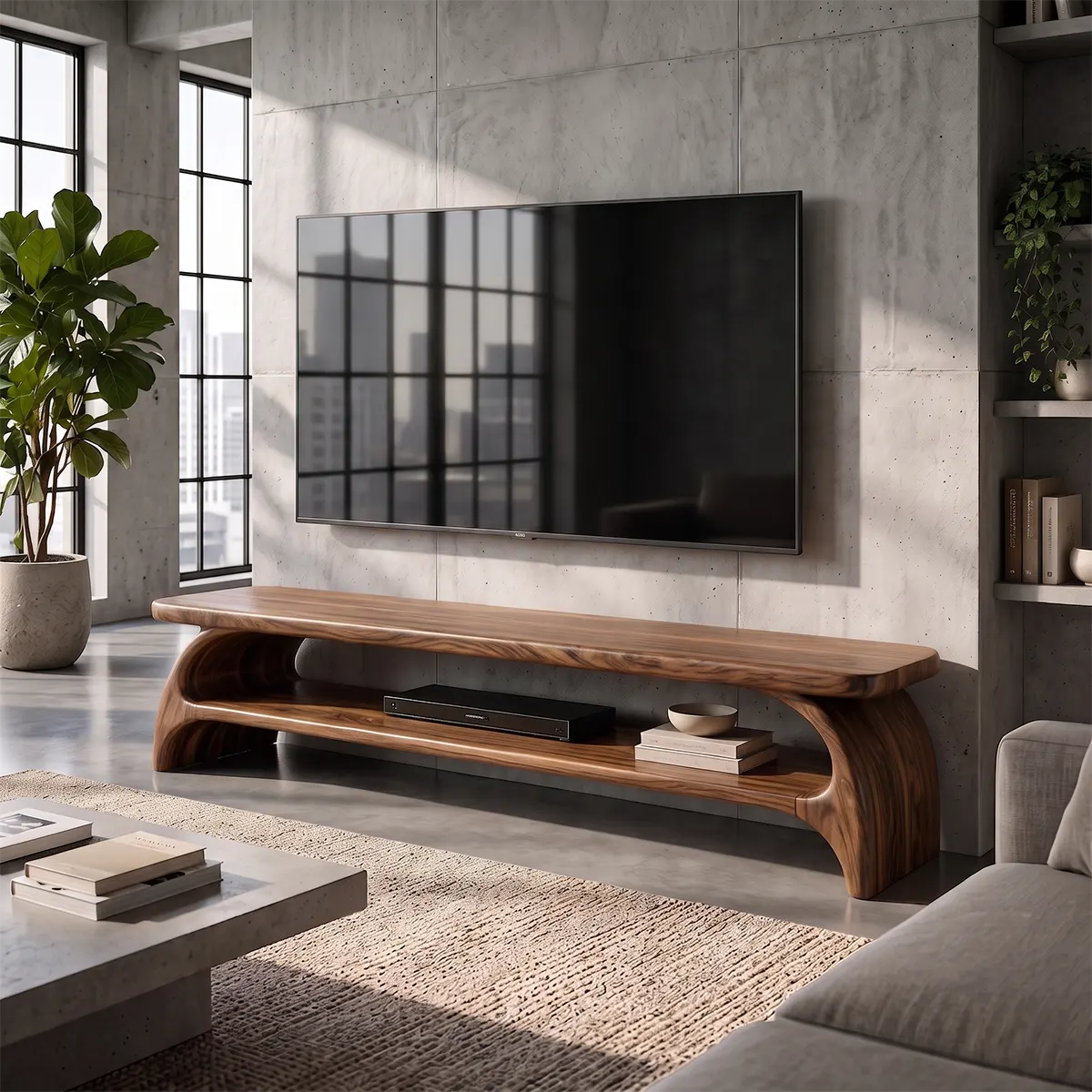 Organic Modern TV Stand with Sculptural Open Shelf & Curved Waterfall Design TT006-2BHV8AL