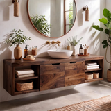 Floating Solid Wood Bathroom Vanity | Wall Mounted Single Sink Vanity with Double-Door Cabinet & Open Shelves TT006-9KLL6LF