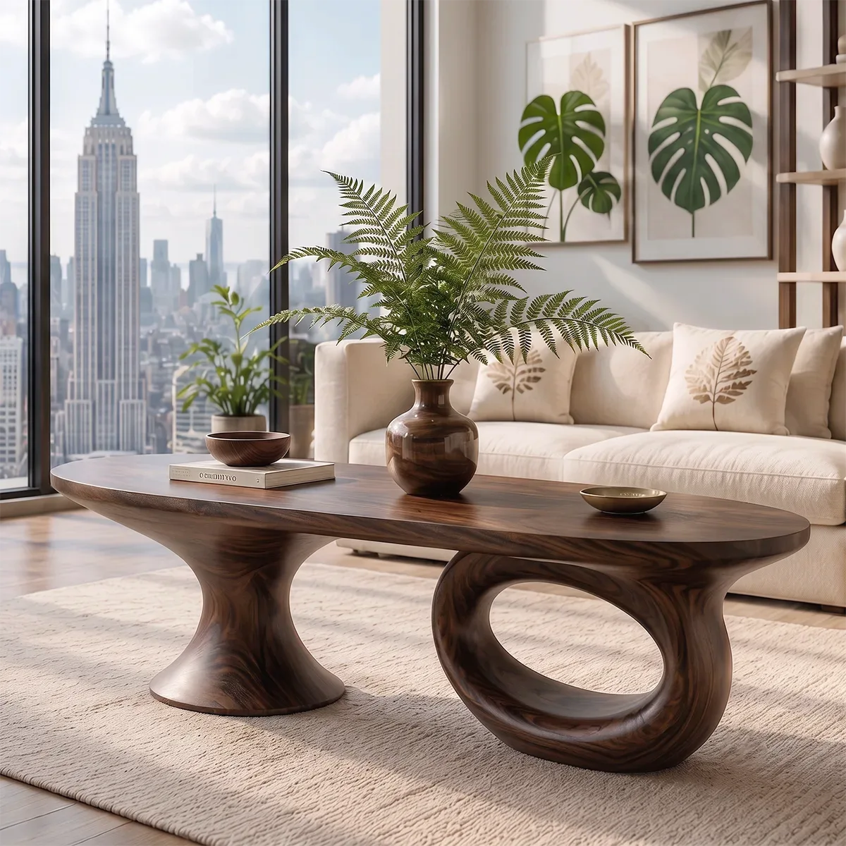 Sculptural Wood Coffee Table with Asymmetrical Pedestal Legs | Organic Modern Oval Center Table