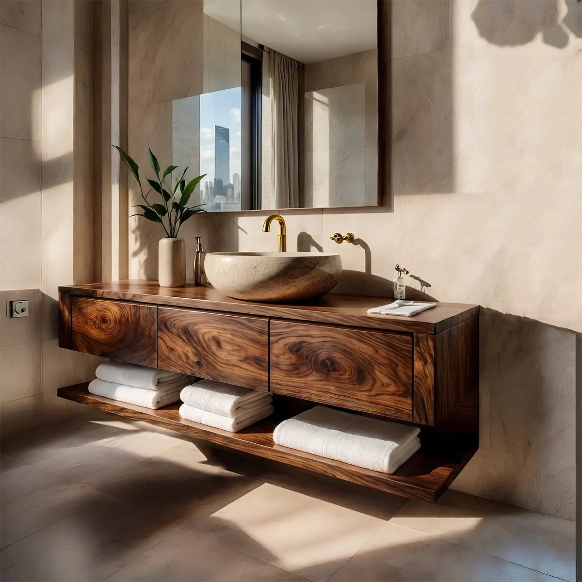 Floating Bathroom Vanity with 3 Drawers & Full-Length Open Shelf | Modern Minimalist Wall Mounted Design